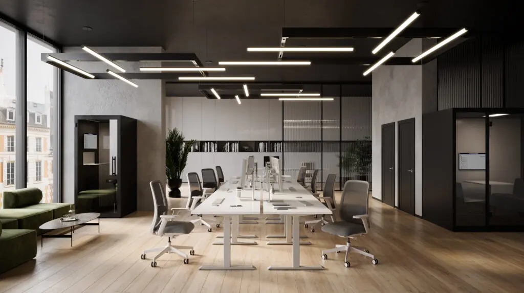 two rows of office seating with height-adjustable desks and task chairs