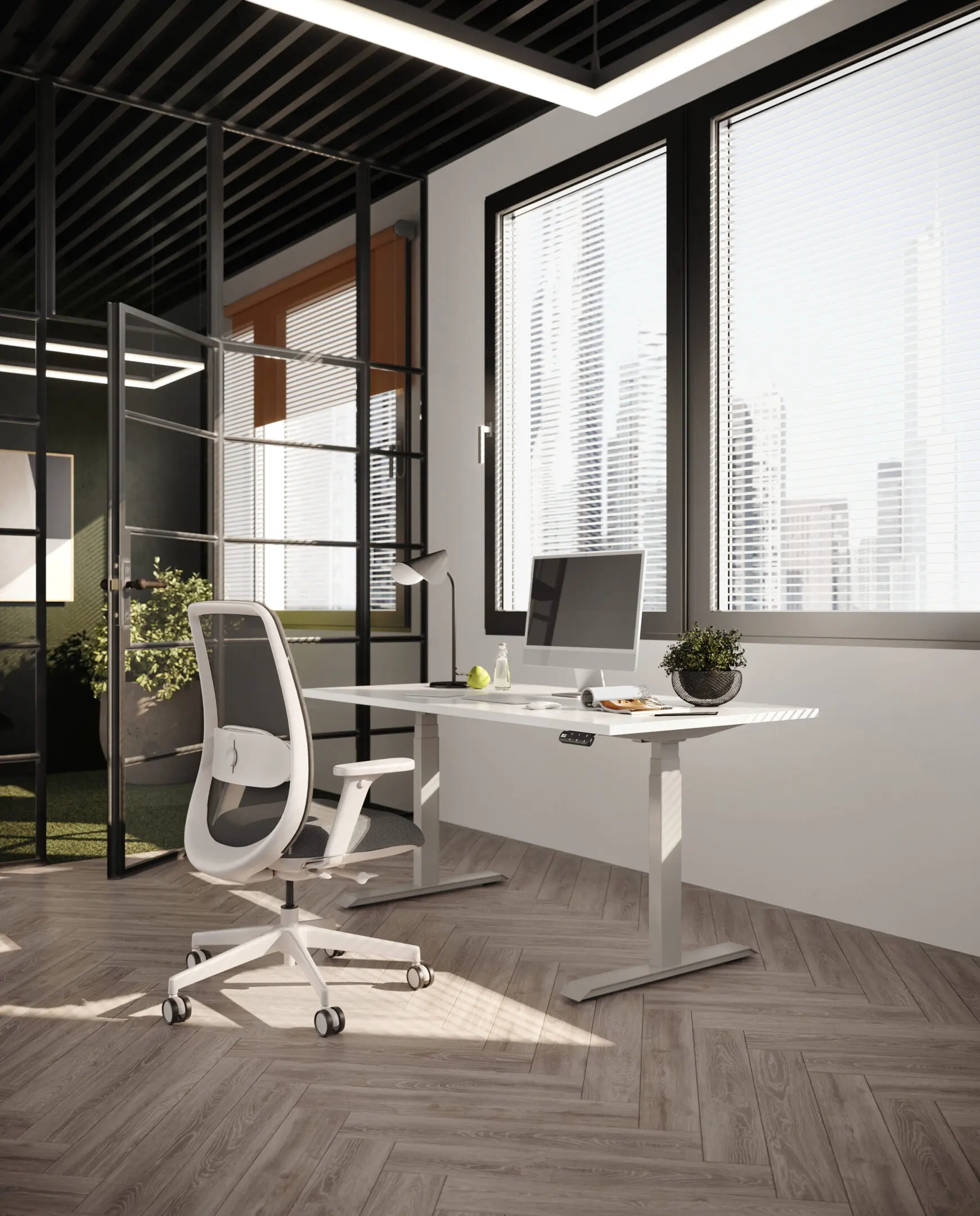 sprint pro - silver base - white top --555f88e height-adjustable base with chair and computer in an office
