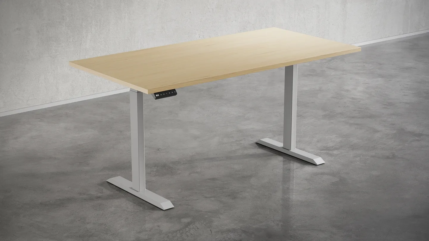silver height-adjustable base with oak top